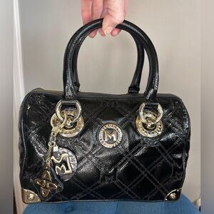 MetroCity Patent Black Quilted Gold Studded Boston Bag with Charm